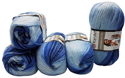 5 x 100 g Ilkadim Export Angora Active Strickwolle mehrfarbig mit Farbverlauf, 500 Gramm Strickgarn mit 25% Mohair Wolle-Anteil (dunkelblau blau 842)