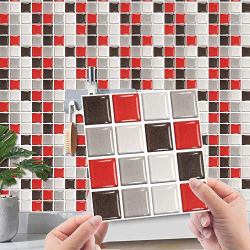 Hiseng Kitchen Bathroom Marble Wall Tile Stickers, DIY Rectangle 3D Mosaic Style Decals Sticker for Kitchen Living Room Bathroom Home Decor Self-Adhesive, 10x10cm (Red,30pcs)