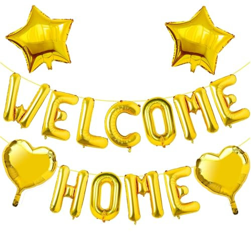Elicola Cartel de globos de letras de bienvenida para decoración del hogar con 2 estrellas y 2 globos de lentejuelas de corazón para regreso a casa, nuevo hogar, baby shower, decoración de fiesta