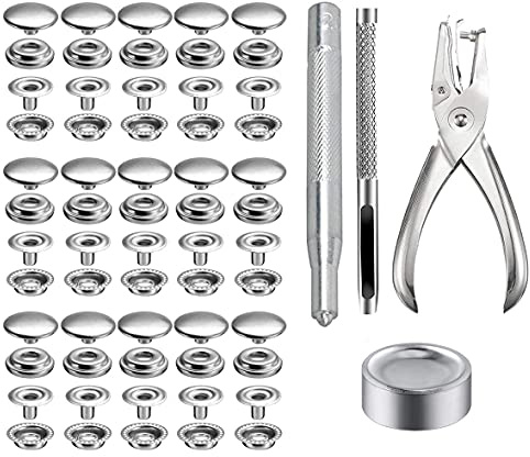 204 Piezas Corchetes de Presión Tornillo, BetterJonny Botones de Presion 15MM Kit de Cierres a Presión de Metálico con 3 Herramientas y Alicate Snap Button Kit para Cuero Chaquetas Jeans, Plata