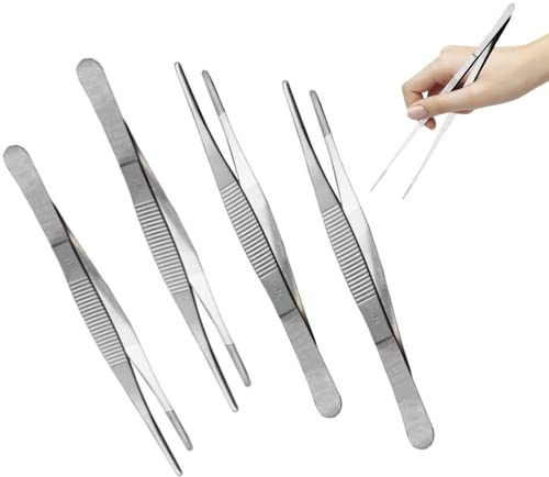 4 Pcs 5.5IN/14CMFood Tong Stainless Steel Cooking Tweezers Fine Tweezers, Kitchen Tweezers, Food Tweezers with Precision Serrated Tips for Cooking, Grilling, Baking,