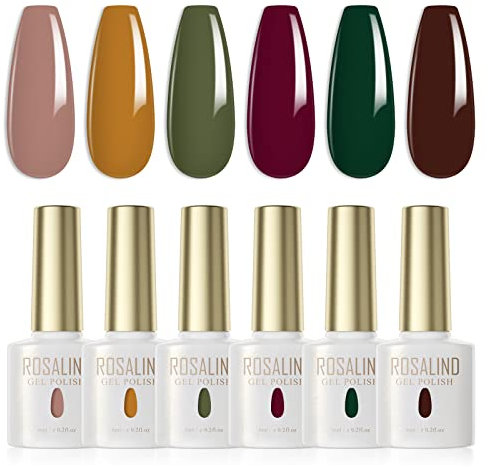 ROSALIND Esmaltes Semipermanentes Marrón Chocolate Amarillo Verde Oscuro Vino Tinto Otoño 6 Colores Kit Pintauñas Semipermanentes Uñas de Gel UV LED Esmaltes en Gel Nail Polish Esmalte Uñas