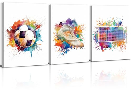 KAIRNE Football Art Print,Football Wall Art for Boys Bedroom,Watercolor Soccer Player Wall Art Pictures Set of 3 (8X 10,with Framed) ,Football Poster Canvas,Sport Art Prints for Teens Kids Room