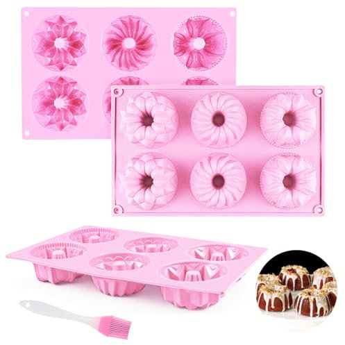 Anevios 3 Stück Mini Gugelhupfform Silikon mit 1 Ölpinsel Rosa Muffinförmchen Kuchenform Rund Donutform Cupcake Formen Backform Ø 7 cm Wiederverwendbare für DIY Backen Dessert - 28×17×3cm