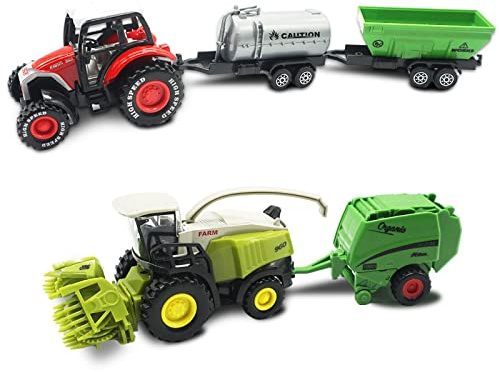 OTONOPI Farm Tractor Die Cast Metal Farm Machinery Toys with Tractor and Combine Harvesters Farm Truck with Trailers Inertia Power Farming Toys Vehicles Set for Kids
