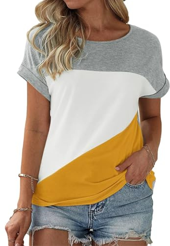 Fisoew T-shirt för kvinnor med rund hals, färgblock, kortärmad skjorta, ledig topp, sommar, lösa toppar