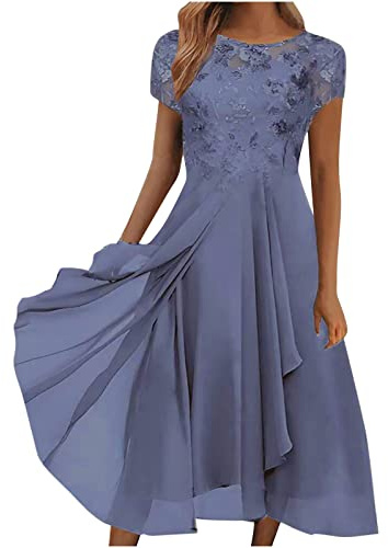 Summer Dresses for Women UK Clearance Plus Size Lace Chiffon Wedding Guest Dresses V Neck/Crewneck Formal Cocktail Party Midi Dress Casual Beach Boho Sundress Vacation Outfits