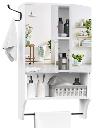MAHANCRIS Bathroom Wall Cabinet with Mirror, Medicine Cabinet with 2 Door and Adjustable Shelf, Wall Mounted Over The Toilet Storage Cabinet with Towel Bar for Bathroom Laundry Room Kitchen, White