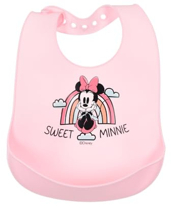 CARTOON Baberos de silicona con bolsillo recogemigas babero con cierre ajustable 30 x 23 cm, Minnie., 30 x 23 cm