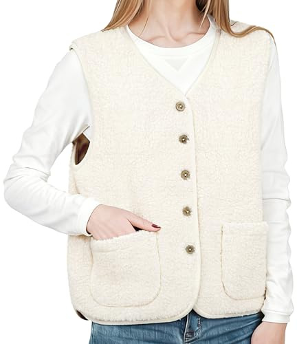 YMIFEEY Chaleco de forro polar para mujer, sin mangas, chaleco de peluche, chaleco de forro polar, chaleco de forro polar, elegante chaleco de entretiempo, chaqueta de otoño, invierno, exterior, beige