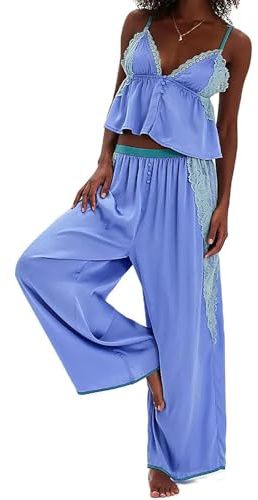 SANSIWU Women Satin Pajamas Set 2 Piece Button Down Ruffled Spaghetti Strap Cami Top And Wide Leg Pants Outfits
