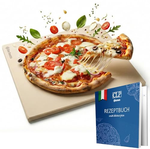 CLP Piedra para pizza para horno y parrilla 38x30 cm, piedra rectangular de cordierita, resistente al calor hasta 900°C, con libro de recetas, Tamaño:38x30 cm
