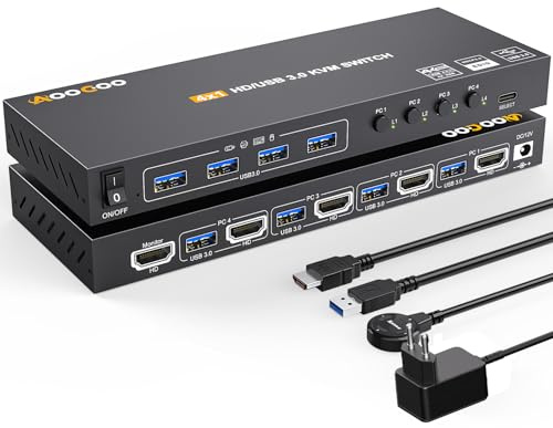 KVM Switch HDMI 4K@60Hz, switch KVM HDMI con funzione EDID per 4 computer, 1 monitor e 4 dispositivi USB 3.0, telecomando, alimentatore e cavo USB inclusi