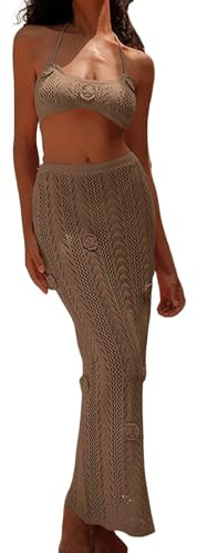 Bikini Cover Up pour femme - Robe de plage sexy en tricot au crochet - Jupe d'été maxi - Jupe de plage avec tube en tricot - Deux pièces - Design crochet - Maillot de bain pour les loisirs et les