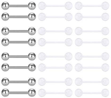 Mayhoop 24Pcs Piercing de Langue Mamelon 14G en Acrylique Clair Flexible & Acier Inoxydable Anneau de Mamelon Langue Barbelles Piercing de Téton Langue Bijoux de Piercing Barre 12mm