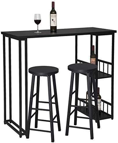 WOLTU 1 Mesa de Bar + 2 Taburete de Bar Mesa de Bistro Sillas y Mesa de Comedor, con 2 Estantes, Estructura de Metal, MDF, 120x50x105cm (WxDxH) Negro BT25sz+BH130sz-2