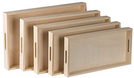 Hammont Wood Serving Tray Set with Handles - 5-Piece Nested Breakfast Trays for Food, Party Buffet, Organizing, and Montessori - Versatile Wooden Trays for Serving, Catering, and Bathroom Use