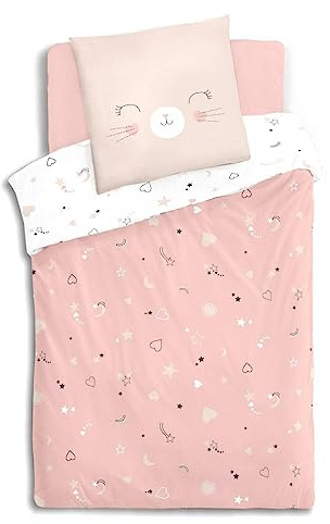 Atmosphera - Set di biancheria da letto per bambini con disegno di gatto rosa - 140 x 200 cm, singolo - 100% cotone, copripiumino e federa - Per la cameretta dei bambini