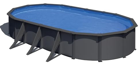 Gre KIT730GY Piscina de Acero Elevada, Ovalada con Aspecto Acero Gris Grafito, Piscinas Desmontables para Jardín, 730 x 375 x 120 cm, Kea