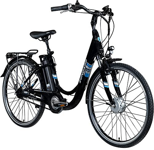 ZÜNDAPP E Bike City 26 Zoll | Elektro Fahrrad für 140-165 cm | 7 Gang Ebike Vorderrad Motor | E-Bike Elektrofahrrad mit Beleuchtung | Retro Hollandrad Green 3.7 (schwarz/blau, 46 cm)