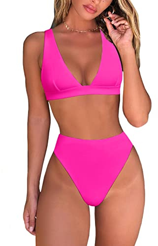 fatty tiger Womens High Waisted Thong Bikini Sets Sexy Brazilian Triangle Top Deep V Neck Two Piece Swimsuit Bathing Suits, Pink, X-Large