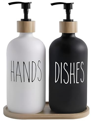 Beautiful Kitchen Hand and Dish Soap Dispenser Set with Wooden Base | Dispenses Dishsoap and Hand Wash Liquid | Black Fortified Glass Bottles with Pump | Refillable | Stylish Black White