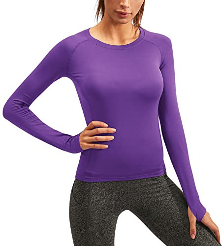 Yishengwan Maglia Sportiva Donna Termica Manica Lunga, Asciugatura Rapida Maglietta da Corsa per Fitness Palestra Viola XL