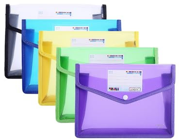 5 Stück Dokumentenmappe Transparent, Dokumententasche A5, Sammelmappe PP Durchsichtige, A5 Sammelmappen mit Druckknopf, 5 Farben, für Datei, Papier, Dokumente, Kosmetika, Hausaufgaben
