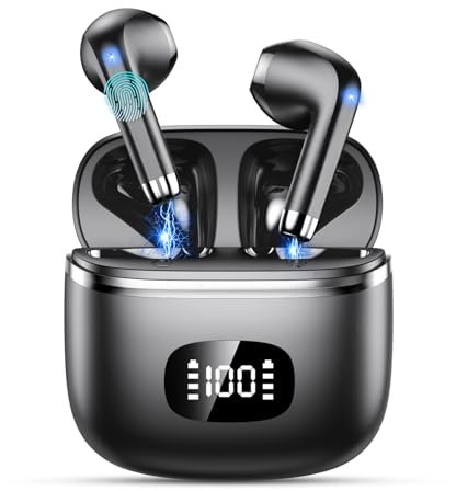 POMUIC Auriculares Inalámbricos Bluetooth, Cascos Inalambricos Bluetooth 5.3 con 4 HD Mic HiFi Estéreo, Auriculares Inalambricos con Potentes Altavoces de 13.4 mm, LED Pantalla, IPX7 Impermeable