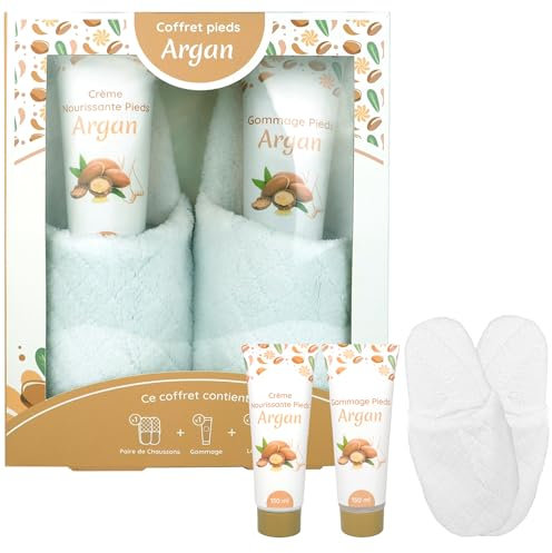 French Tendance - Coffret Soin Pieds - Kit Pedicure Pied - Gommage Exfoliant, Crème Pieds Argan, Pantoufles - Moment Relaxation - Idéal Pour Pieds Secs, Abimes, Peau Morte - Massage Pieds