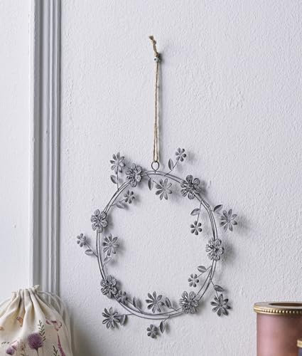 Dekohänger Blütenkranz aus Metall, grau, weiß gekalkt, Ø 24 cm, Dekokranz, Türkranz, Metallkranz, Blütenkranz, Wandkranz