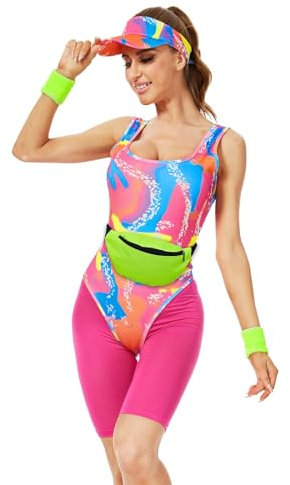 AJGEGJE 80er Jahre Outfit Damen, 80er Jahre Workout Kostüm, 80er Jahre Accessoires mit Bauchtasche, Sonnenblenden Hut, Handgelenkbänder, Movie Skating Kostüm für Halloween Cosplay (S)