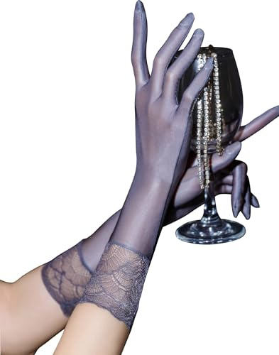 ZNLFS Damen-Handschuhe, ultradünn, durchscheinend, Spitze, Handgelenklänge, Hochzeit, Party, Oper, Tanz, elegantes Abendkleid, Zubehör, grau, One size