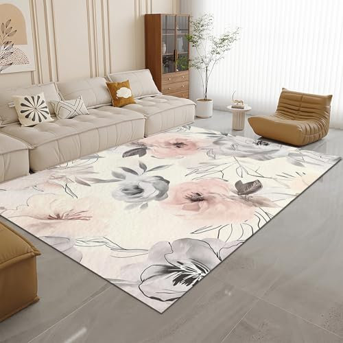 Bedruckter Teppich Elegante handgezeichnete Rosen Anti Rutsch Unterlage Küchenteppich 140 x 200cm Teppich Wohnzimmer Maschinell Hergestellt Creme Waschbarer Teppich Wohnzimmer