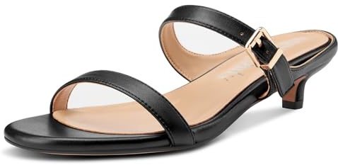 NobleOnly Femmes Bas Kitten Talon Heel Slip-on Ouvert Rond Bout Sandales Boucle Dress Décontracté Mules Chaussures 3.5 CM Heels Noir 35 EU