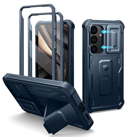 Dexnor pour Coque Samsung Galaxy S25【Double Cadre Avant et Support】 avec CaméRa Coulissante Intégrée & Protecteur d'écran, Coque de Protection Robuste Résistante Aux Chocs - Bleu Marine