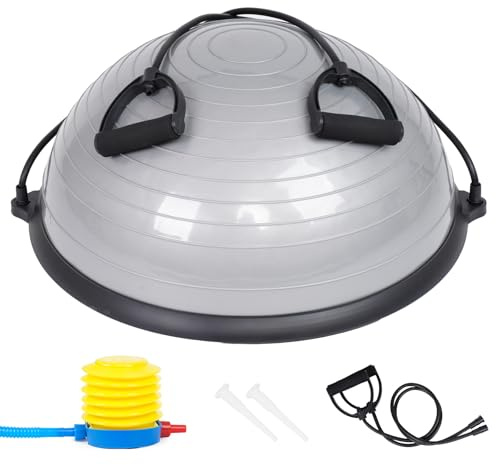 JINPALAY Entrenador de Equilibrio Fitness Ø 58cm, Pelota de Equilibrio Bossu Semiesfera con Inflador y Gomas, Soporta hasta 120kg, Ideal para Gimnasio y Ejercicios de Yoga y Pilates. (Gris)