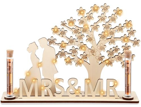 Fiada Hochzeit Geldgeschenke MRS&MR Geldbaum aus Holz mit LED Lichterkette 2 Reagenzgläser Holzbaum Dekoration Brautpaare Geschenk für Freunde Familie Liebhaber