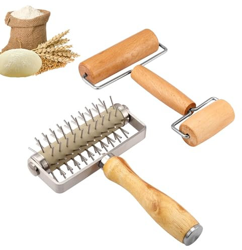 Lpraer 2-Piece Pizza Dough Roller & Dough Docker Set - Stainless Steel Dough Hole Puncher with Wooden Rolling Pin for Baking Pizza, Pastry, Bread, Cookies, Pie Crust, Pasta - Pro Baking Tools Kit