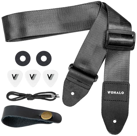 VOHALO Gitarrengurt für Akustik- & E-Gitarre/Bass Nylon & Leder-Gurt mit Metall-Schnalle 91-152cm verstellbare Länge inkl. Plektren & Zubehör Schwarz