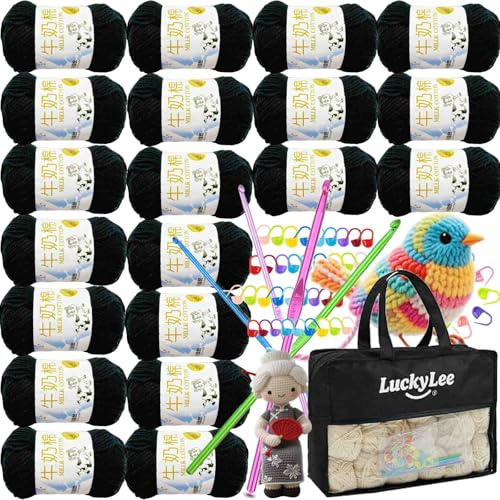 Fil à Tricoter,20x 50g/pelote Boules de Fil Tressé à la Main- Fil à Crochet 100% Acrylique pour Tricot, Classique Adulte ou Bébé Ultra Doux pour Tout Projet de Tricot et Crochet (Noir)