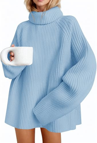 Saodimallsu - Maglione da donna oversize a maniche lunghe, dolcevita in maglia fine tinta unita, maglione casual elegante e basic, Blu, S