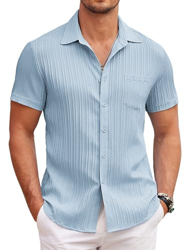 COOFANDY Vardaglig kortärmad skjorta för män sommar button-down texturerade skjortor normal passform strand enfärgad topp med ficka