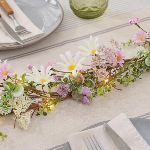 Lights4fun Guirlande printanière éclairée avec marguerites artificielles | LED blanc chaud | avec minuterie 6 h | à piles | Décoration de Pâques et printemps pour table et salon | Longueur 150 cm |