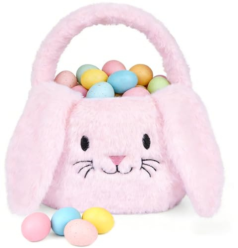 PRATIQUE Foldable Plush Easter Basket with Bunny Ears for Kids, Easter Egg Hunt Bucket with Handle, Cute Storage Bin for Candy, Toys & Gifts (Pink)