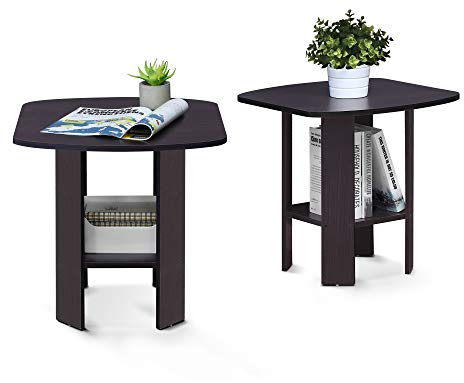 Furinno SIMPLE DESIGN Side Table Set of 2, 2-Tier End Table, Open Shelves Night Stand, Bedside Table, for Living Room, Bedroom, Dark Walnut