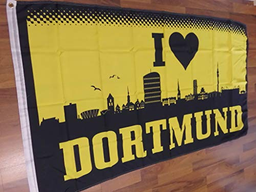 Fanshop Lünen Dortmund Herz I Love Fahne 90x150 cm - Hissfahne mit Ösen Skyline, Rot-Schwarz, Sport, Fußballspiel/Fan-Gathering, Flag, 90x150 cm