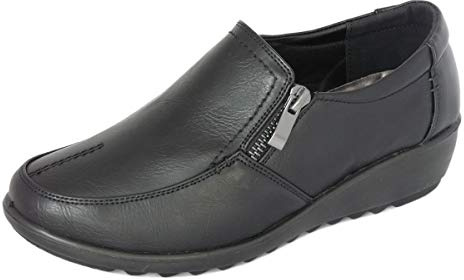 Cushion Walk Women's Black Wide Fit EEE Shoes Ladies Lightweight Faux Leather Slip-on Flat Zip Shoes, Flats, Casual Work Office Comfort (6 UK, Black)