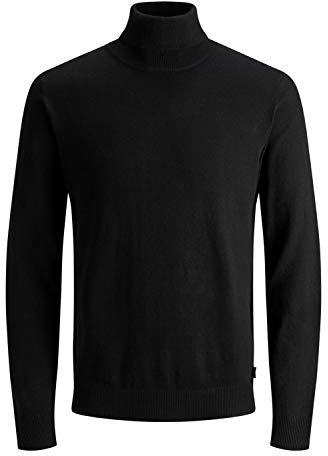 JACK & JONES Herren Dünner Rollkragen Strickpullover | Klassischer Rundhals Sweater | Langarm Basic JJEEMIL, Farben:Schwarz, Größe Pullover:S