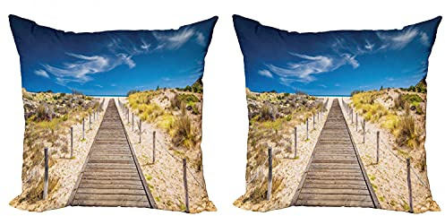 Ambesonne Beach Throw Pillow Cushion Cover Pack of 2, Walkway into The Wild Idyllic Endless Sky Relaxing Resting Tranquil Quiet Seashore, Zippered Double-Side Digital Print Decor, 24, Cream Blue
